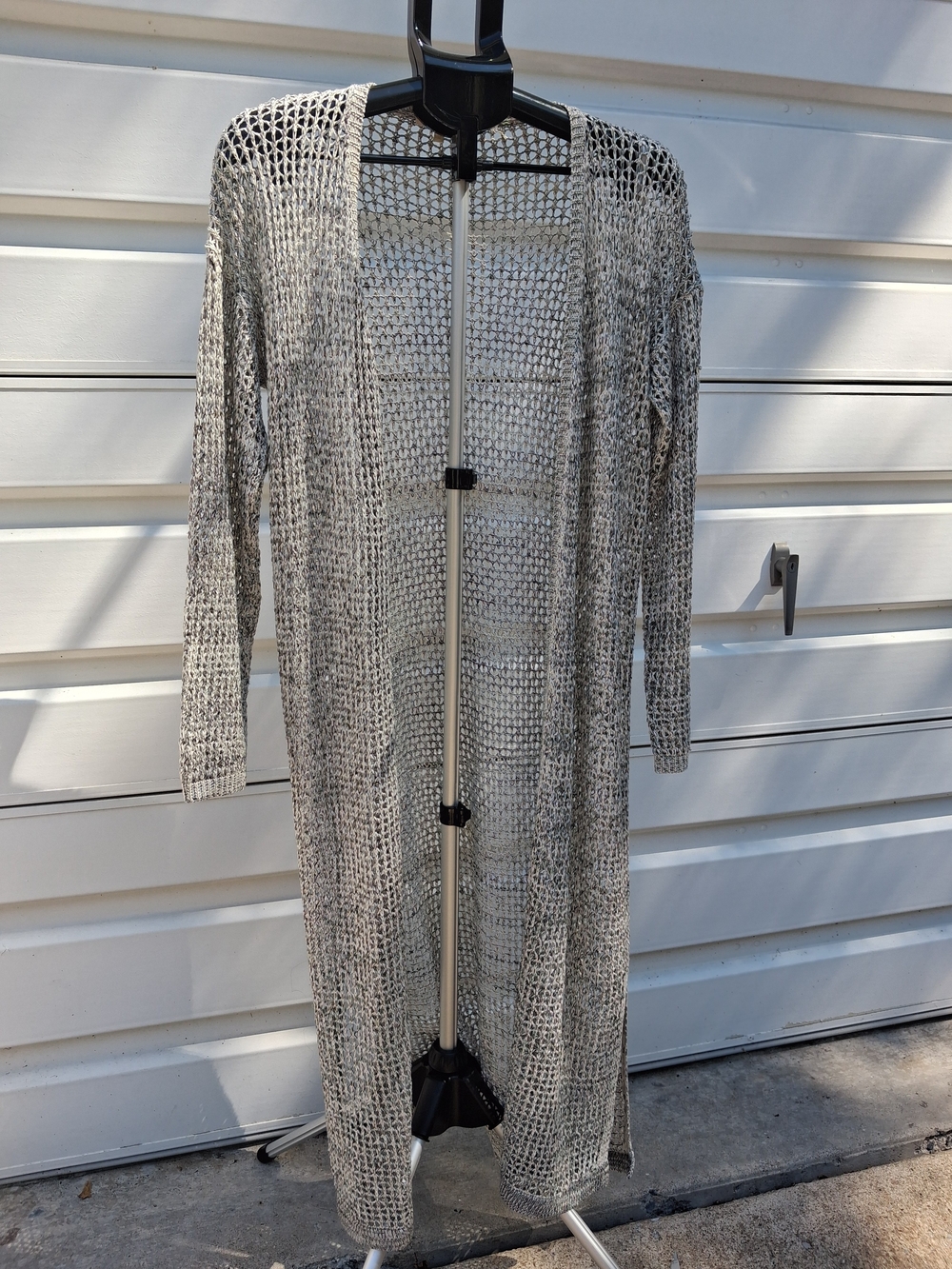 Mystree Longline Open Knit Duster Cardigan in Light Gray